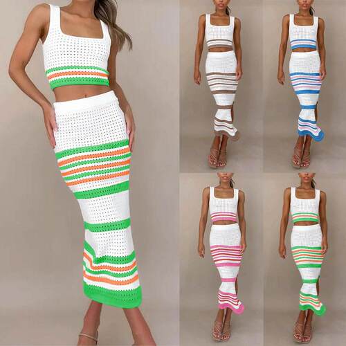 Striped women's short top vest skirt set