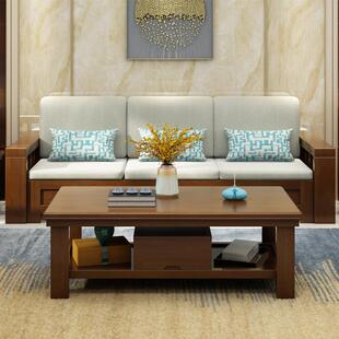 中式实木沙发实木沙发合布艺沙发现夏代物冬两用小户储型组木质客