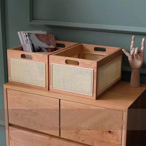 日式藤编实木质收纳盒茶几零食框杂物箱玩具竹编织收纳篮子收纳筐