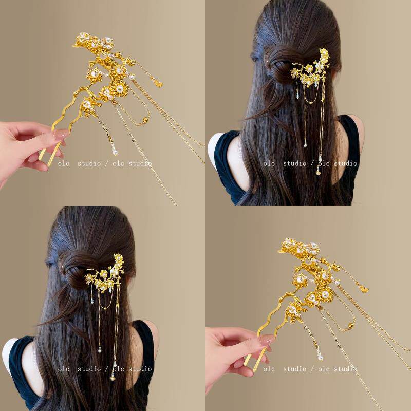 金枝玉叶~流苏珍珠发簪复古丸子头发钗优雅高级感u型簪子盘发器