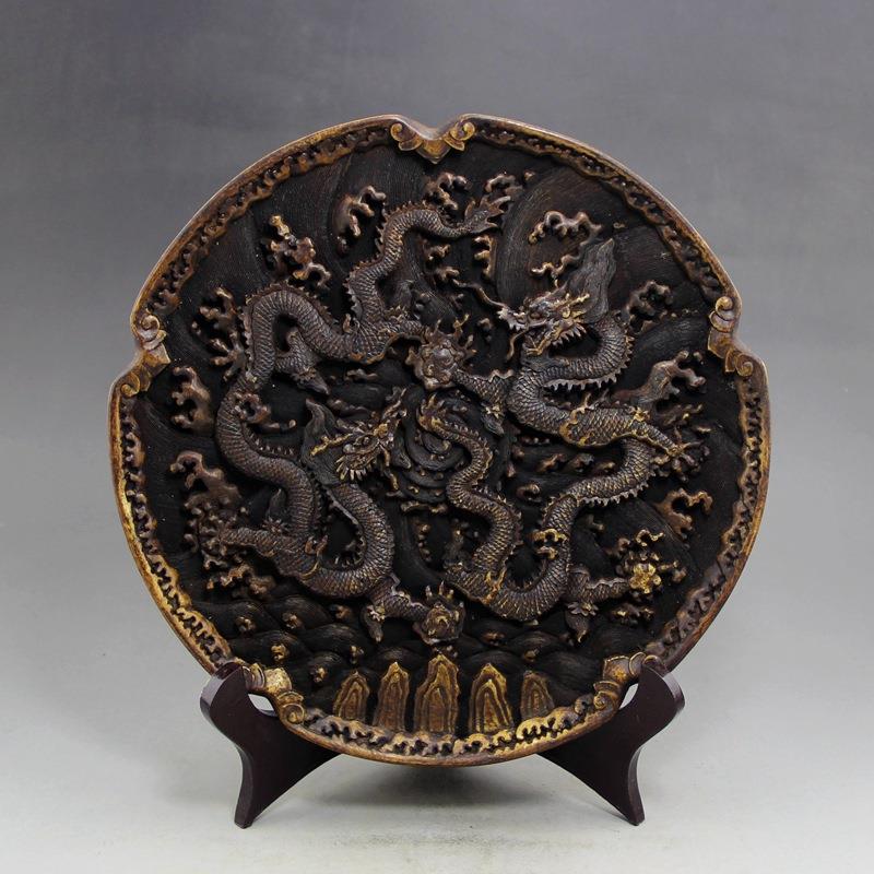 古玩复古玉器工艺品仿雪花玉双龙戏珠盘子摆件 送架子