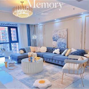 客厅粉沙色弧WGC形转角别墅发贵妃拉扣艺组合布设计师电动功收能