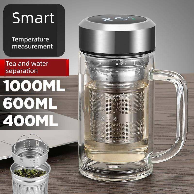 带手柄智能测温双层带把玻璃杯办公茶水分离泡茶杯大容量防爆,餐饮具,玻璃杯,淘宝优惠券,粉丝福利购,淘宝优惠卷