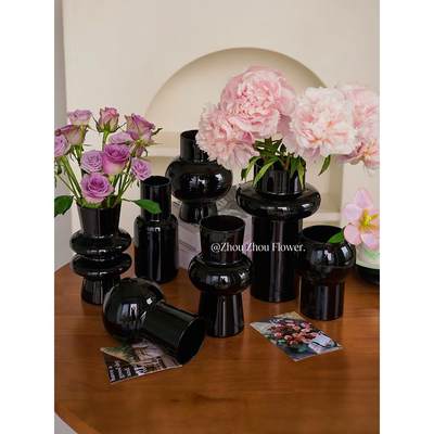 简约现代中古小众玻璃花瓶摆件客厅黑色水养插花鲜花创意高级感