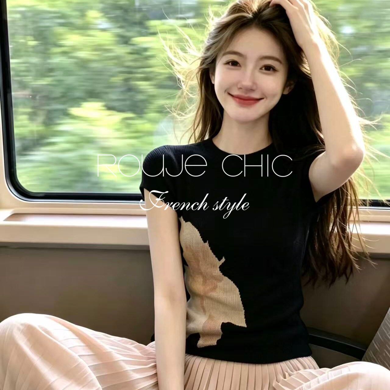 法国rouje chic夏季黑色花朵印花短袖上衣法式修身显瘦针织T恤女