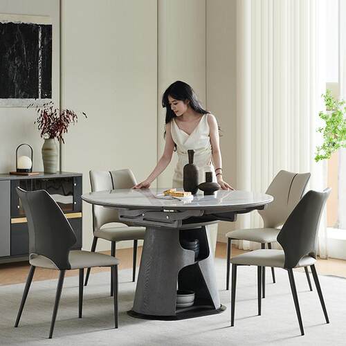 实木岩板餐桌可伸缩折叠餐桌椅组合长方形可变圆桌大饭桌现代简约