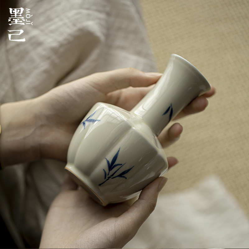 墨己仿古泥花艺瓶茶道配件手绘陶瓷花瓶家用插花小瓶子茶室摆件