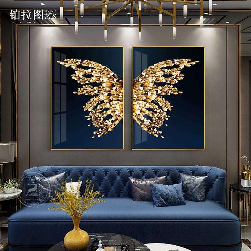 蝴蝶客厅装饰画沙发背景壁画两联餐厅时尚酒店卧室铝合金轻奢挂画