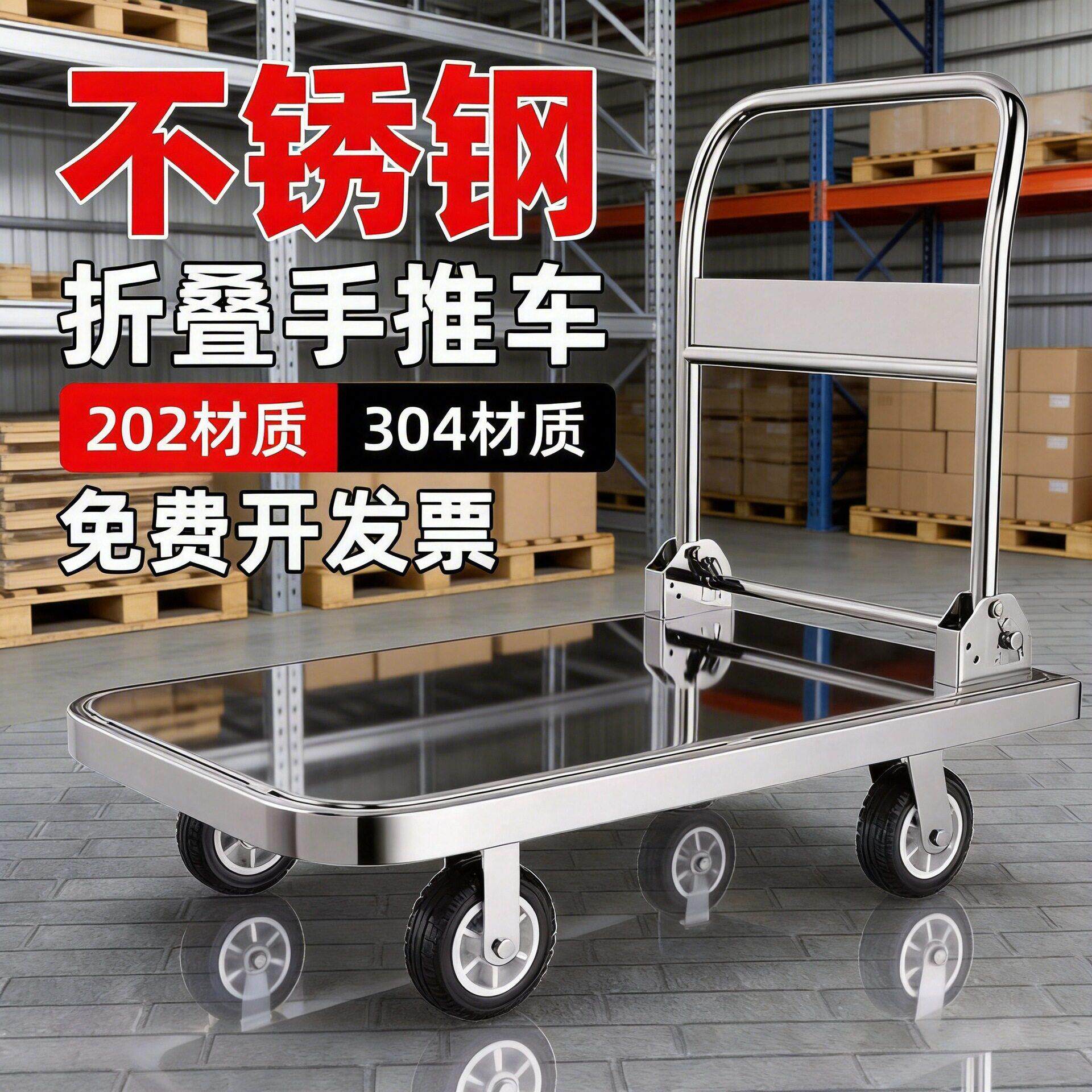 304不锈钢手推车工具车搬运车仓库静音折叠平板车