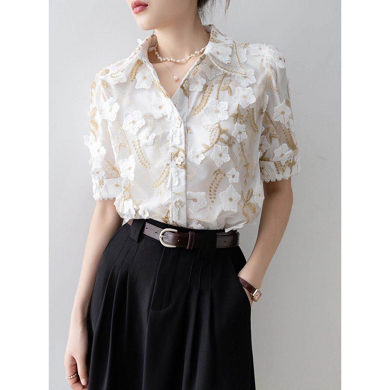 Canary Kiss立体花朵刺绣衬衫女夏季短袖设计感小众纽扣白色上衣