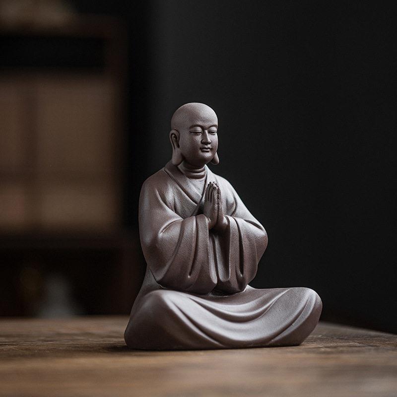 中式禅意紫砂小和尚摆件创意陶瓷人物家居客厅茶室茶桌面装饰摆设