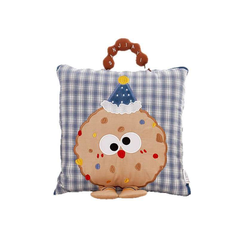 全棉色织格子曲奇抱枕被两用二合一卡通车载午睡沙发可收纳靠垫被
