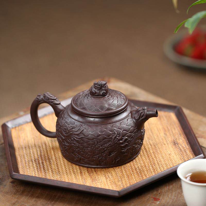 宜兴名家紫砂壶手工 原矿紫泥龙腾四海德钟茶壶浮雕大容量茶具