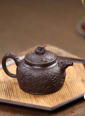 宜兴名家紫砂壶手工 原矿紫泥龙腾四海德钟茶壶浮雕大容量茶具