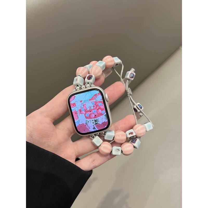 适用苹果手表iWatch9表带陶瓷西瓜串珠伸缩链applewatch8可爱透气