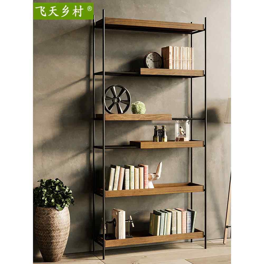 铁艺落地书架客厅简约现代靠墙置物架实木多层隔断玄关柜展示架子