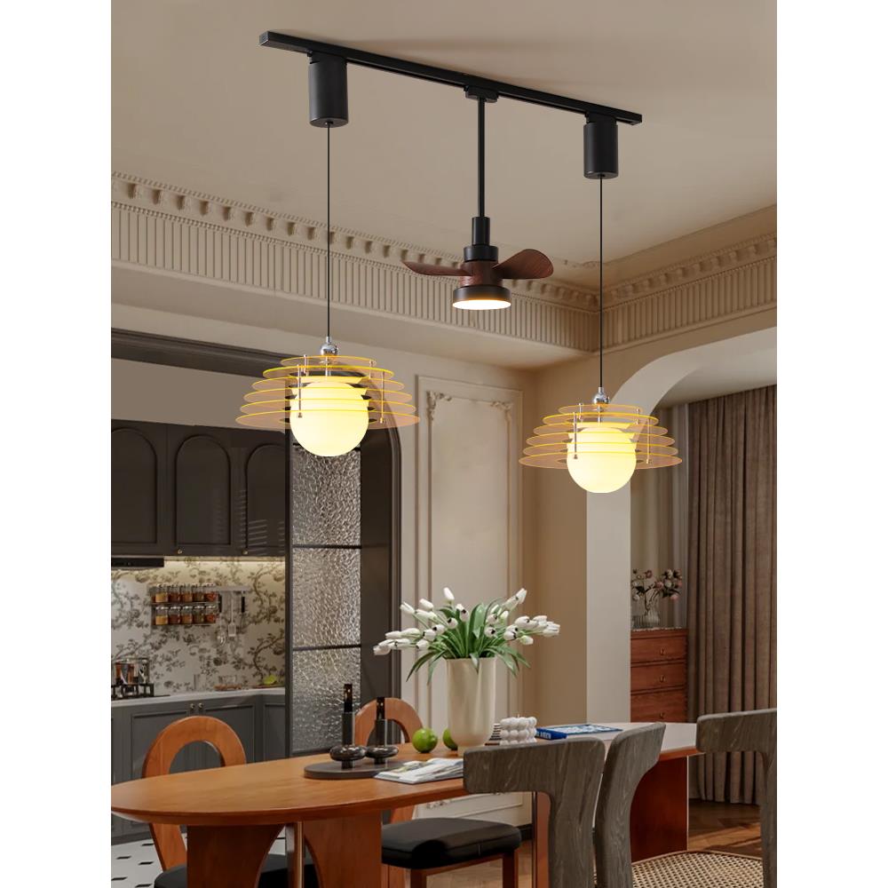 餐厅吊灯中古风可升降可移位轨道风扇灯覆古玻璃餐桌岛台三头吊灯