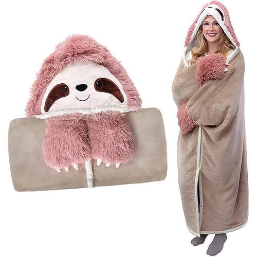 Cute sloth can wear hooded blanket with gloves, soft home