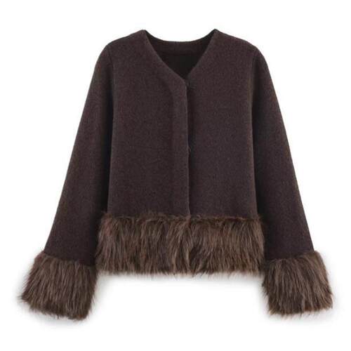 Winter Women's Short Sleeve Knitted Dress With Faux Fur Trim