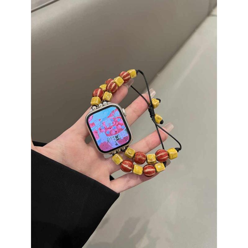适用苹果手表iWatch9表带陶瓷西瓜串珠伸缩链applewatch8可爱透气