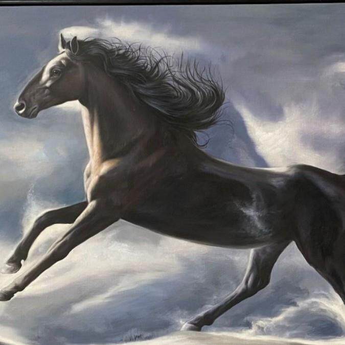 纯手绘油画骏马装饰画办公室书房茶室奔马图挂画客厅大堂马到成功