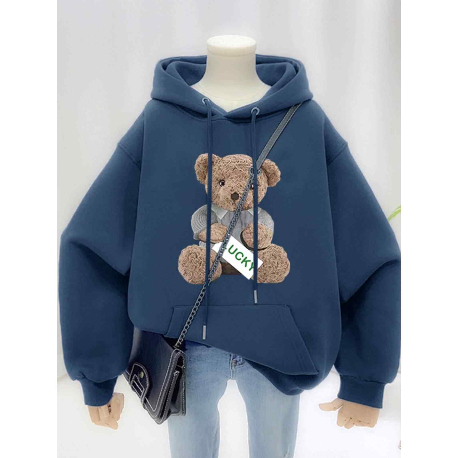 韩系美式覆古潮小熊卫衣女秋冬oversize加绒加厚大码宽松连帽外套