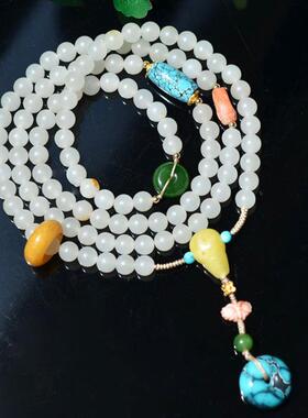 天然玉石和田羊脂白玉冰清玉洁优雅女款108颗4圈手链项链两用6MM