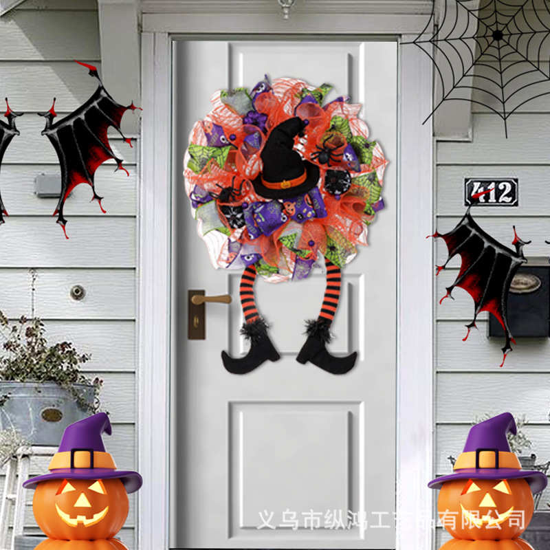 纵鸿万圣节花环长腿女巫花圈门挂鬼节派对装饰品挂件道具
