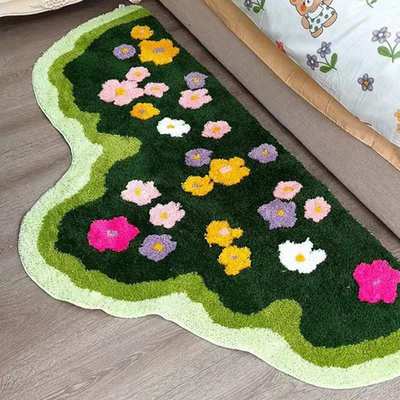花卉卧室耐脏簇绒垫植沙发防滑凉边地绒清新吸水毯小地毯隔床客厅