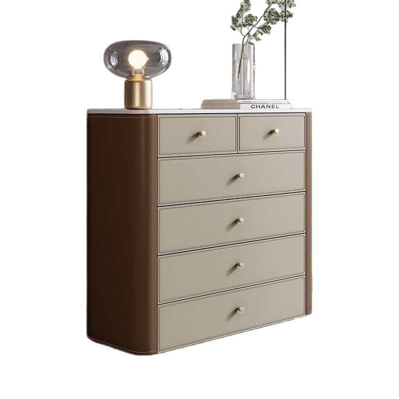 轻奢马鞍皮斗柜现代简约客厅靠墙储物柜实木抽屉柜子岩板卧室高柜