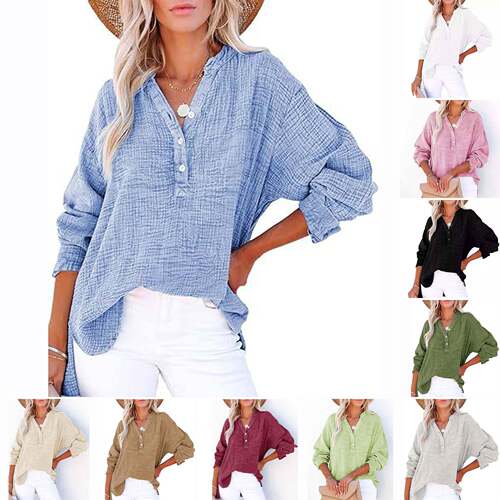 Women's Casual Button V-Neck Long Sleeve Shirt  Plus Size