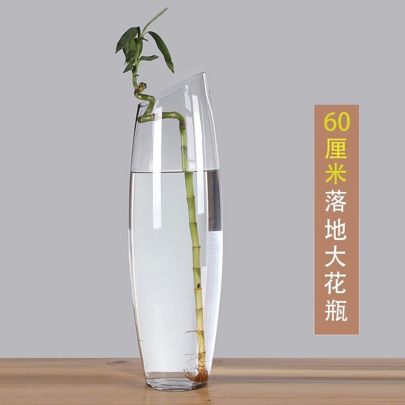 特大号简约富贵水竹LWT创意斜花口平透明玻璃花瓶口干鲜插花花器