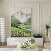 手绘油画雪山湖畔风景餐厅挂画客厅背景墙装 饰画轻奢玄关肌理画
