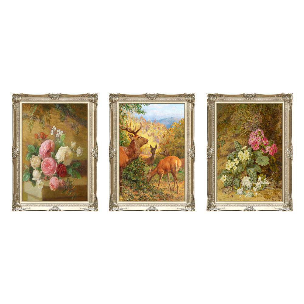欧式厅油画沙发背景鹿装饰客画联花卉小风景ss55画简欧壁三画挂画