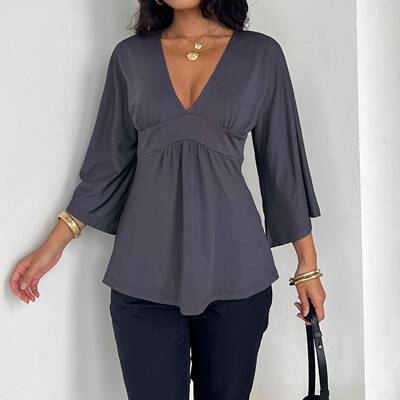 Elegant Deep V Neck , Bell Sleeve Tee Blouse, Casual &
