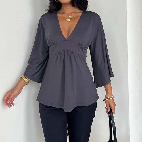 Elegant Deep V Neck Top for Mature Women Casual LooseFit
