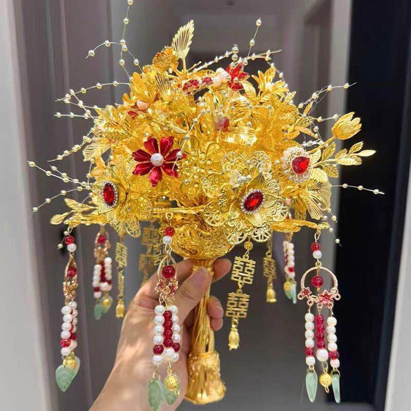 新款新娘中式手捧花金色金属手工制作diy材料包送闺蜜结婚礼物