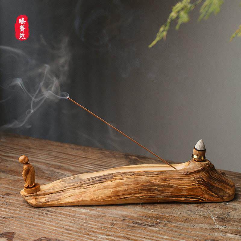 香插线香座木质崖柏倒流香炉摆件覆古小沙弥创意茶道檀香炉薰香炉