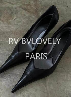 rv bvlovely真皮细跟尖头浅口通勤单鞋性感气质名媛黑色高跟鞋