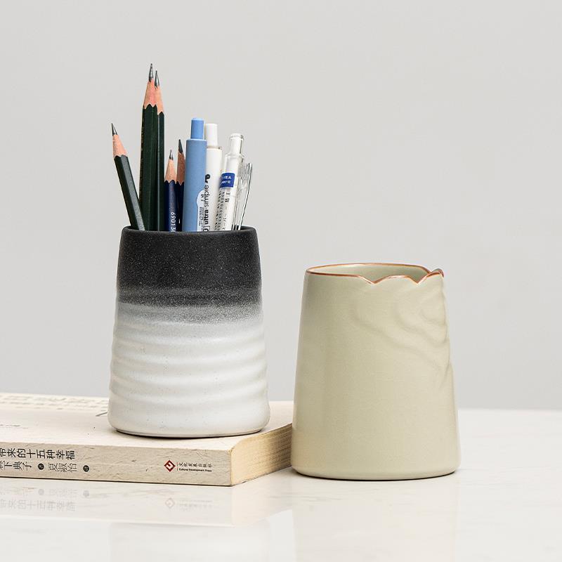 陶瓷笔筒简约时尚学生桌面毛笔圆珠笔铅笔收纳桶办公室家居小摆件