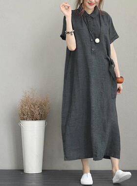 Women Cotton Linen Pocket Dress Korean O-Neck Short Sleeve L
