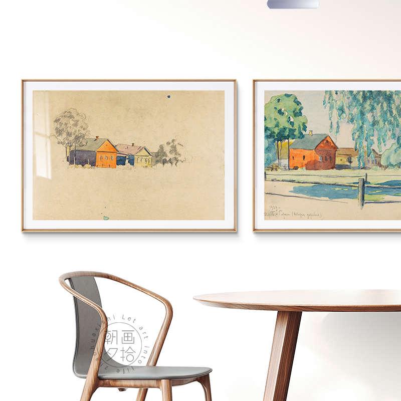 北欧简约风景建筑油画卧室床头挂复古文艺壁画抽象客厅横幅装饰画图片