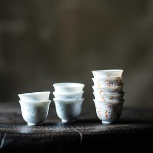 七月长陶瓷茶杯 手绘诗文五客杯礼盒装复古茶具 景德镇弥云斋