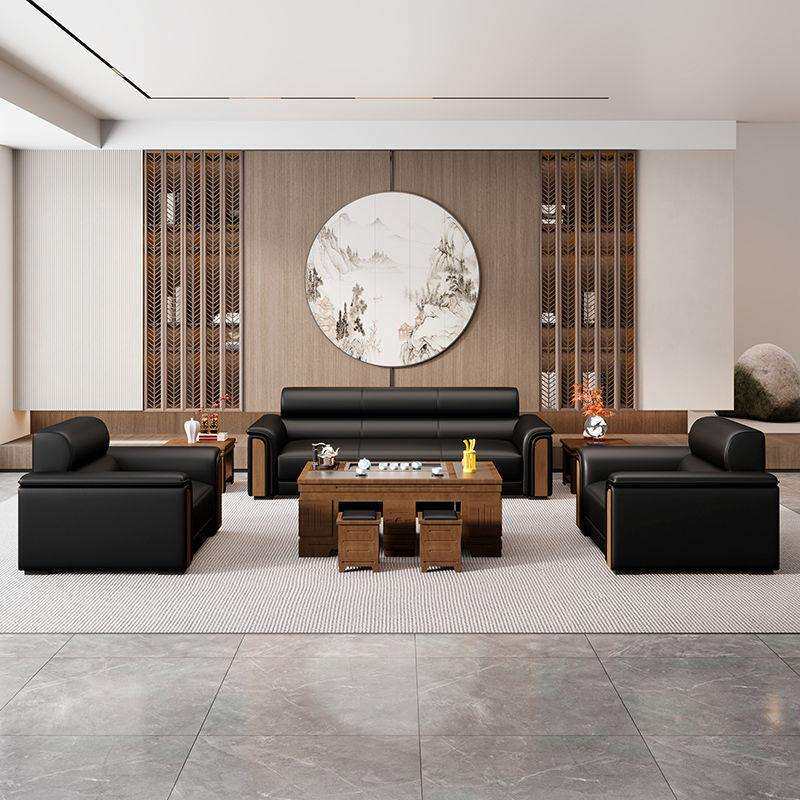 新款办公室沙发茶几组合现代商务会客接待区茶台一体式三人位皮艺