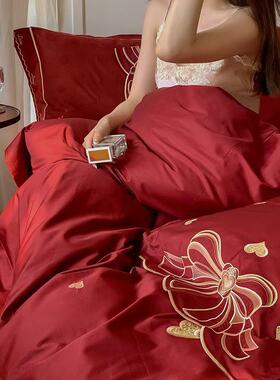 婚庆长绒棉四件套全棉100s高端提花纯棉红色被套床单结婚床上用