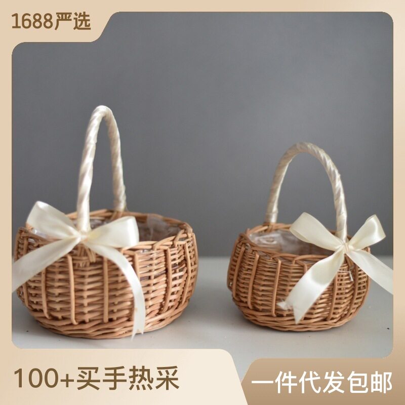 编织花篮手提花童手工天然插花篮竹编装饰编花篮国庆藤编收纳篮