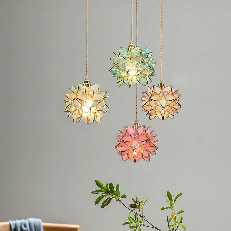 日式手工玻璃黄铜吊灯温馨餐厅卧室床头玄关过道灯儿童房花瓣吊灯,家装灯饰光源,客厅吊灯,淘宝优惠券,粉丝福利购,淘宝优惠卷