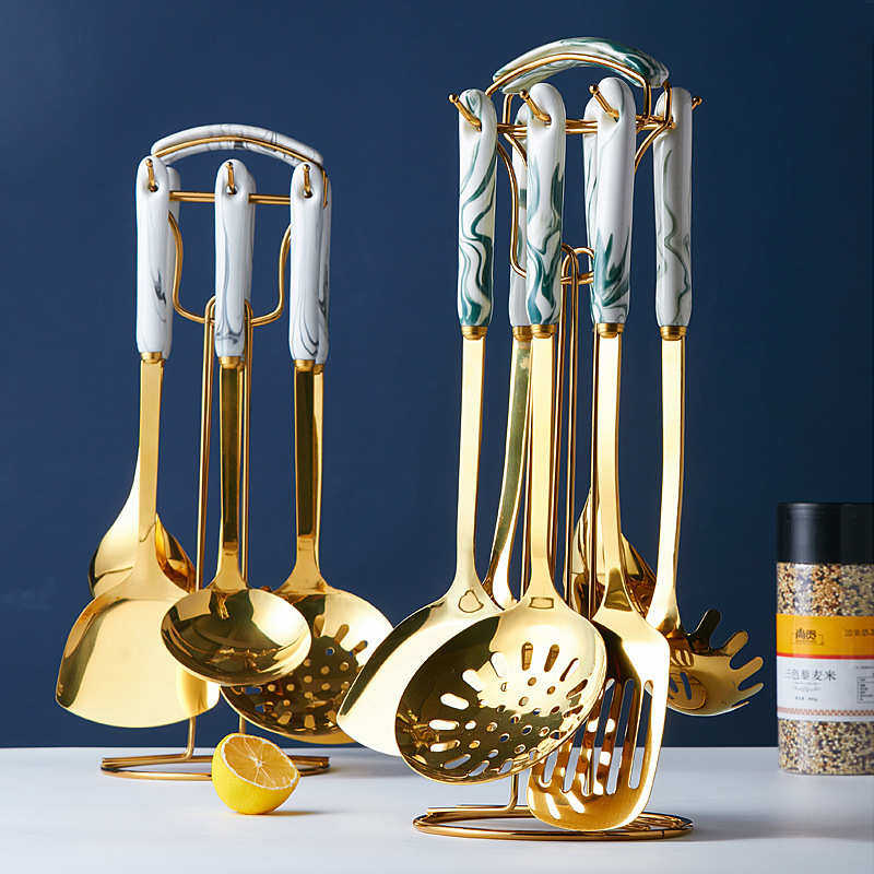 轻奢大理石陶瓷不锈钢厨具北欧风厨房用具烹饪勺铲不锈钢厨具套装