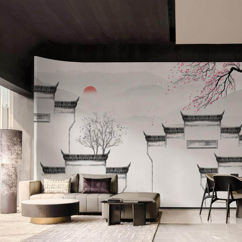 新中式电视背景墙壁纸徽派建筑墙布客厅饭厅壁画8D立体不织布壁纸
