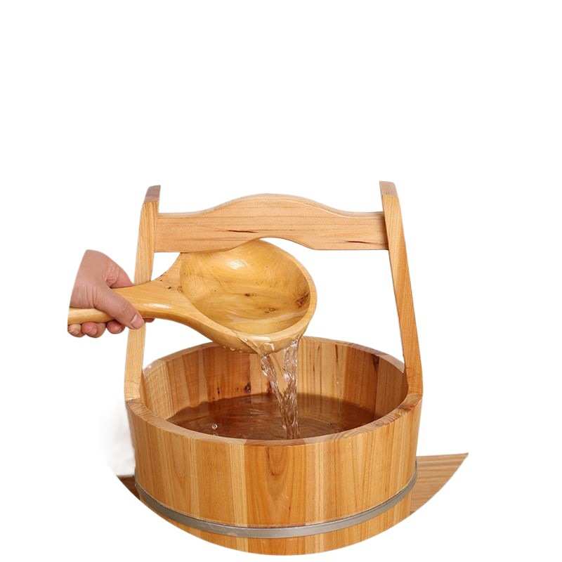 木质提水桶足浴桶小木桶桑拿温泉木提桶拎水桶木勺瓢影视道具